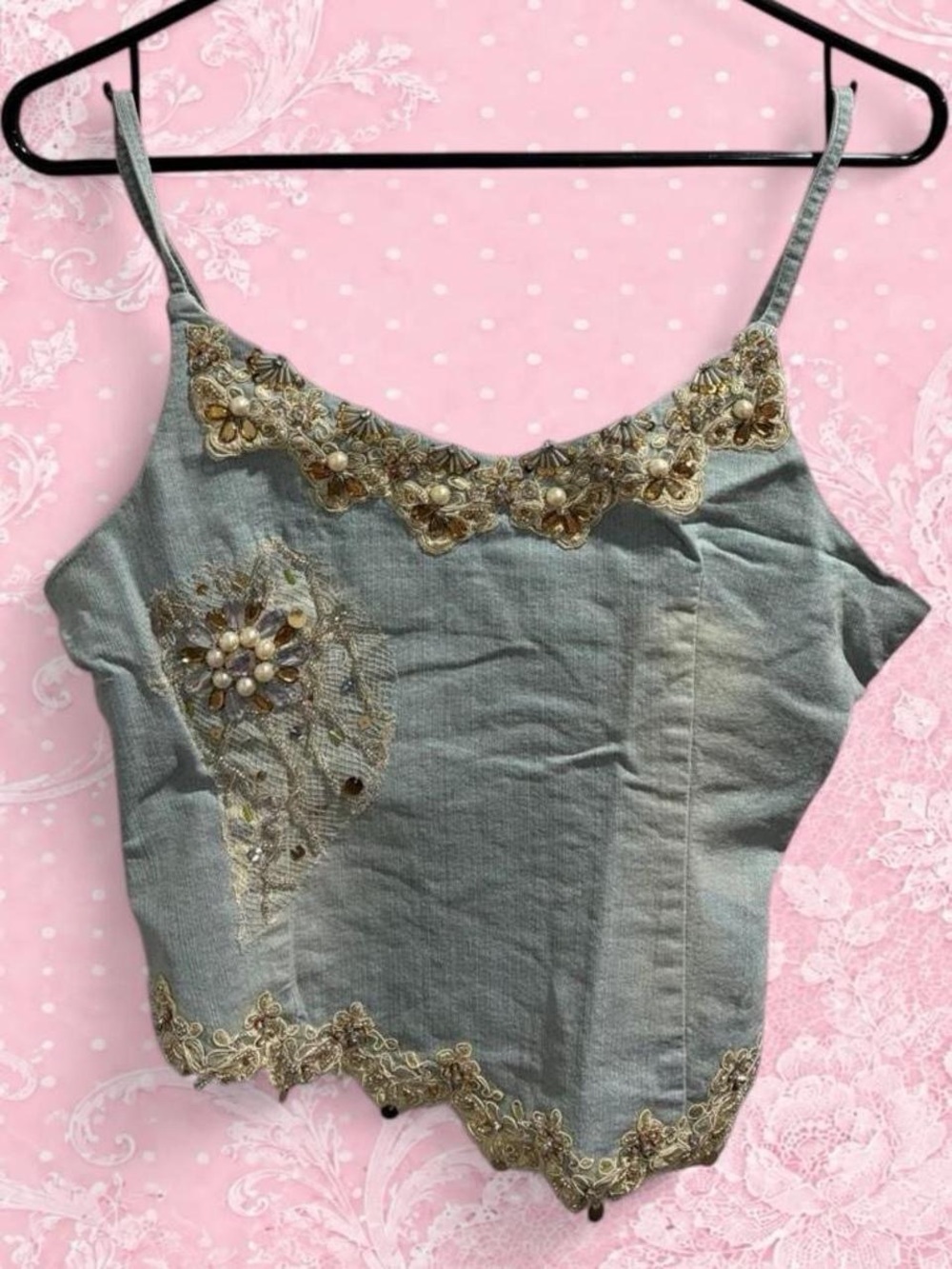 NWT fairy denim top with brown beaded detailing size S